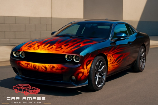 Aggressive hood flames for a classic muscle car style