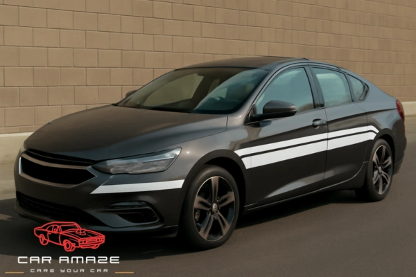 Dual racing stripes wrap smoothly across the side doors
