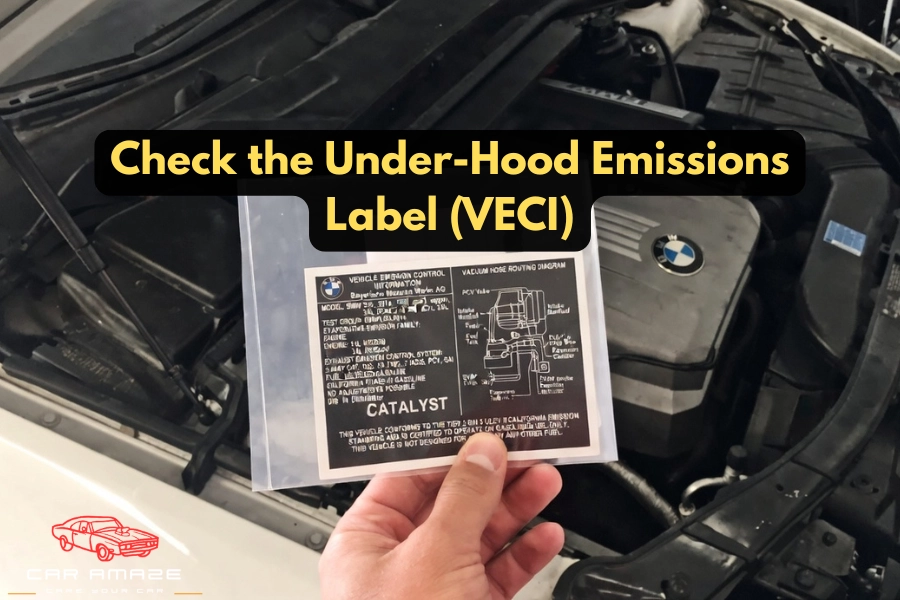 check under hood emissions label VECI to find PZEV sticker near engine bay showing California emissions compliance