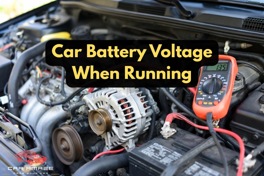 car battery voltage when running showing multimeter reading between 13.7v and 14.7v with engine on charging system