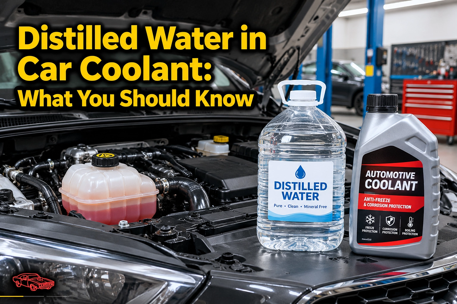 Distilled water in car coolant beside a car radiator and coolant reservoir