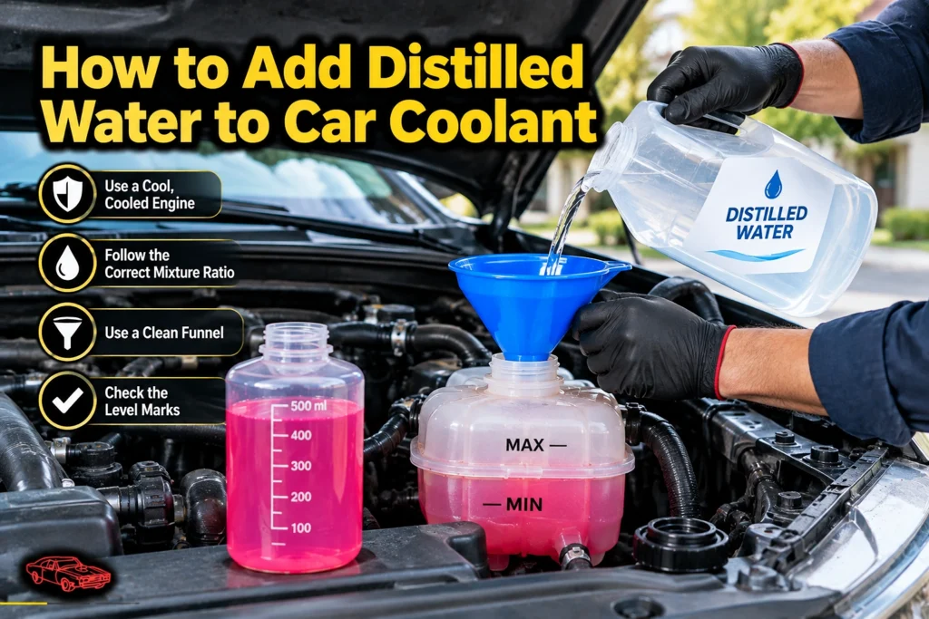 Adding distilled water and coolant mixture to a car coolant reservoir safely
