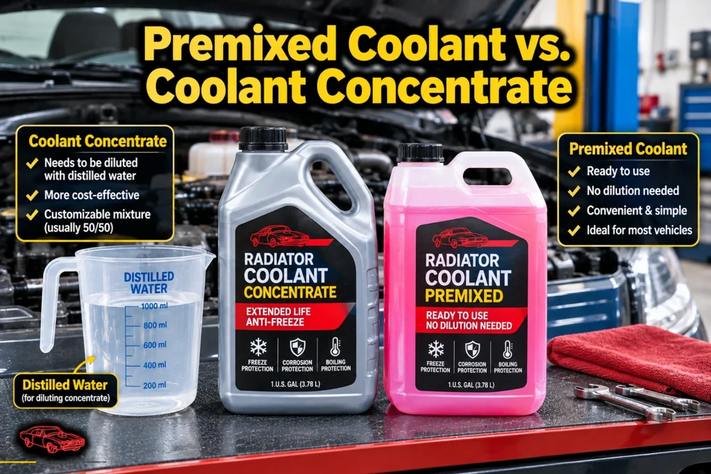 Premixed coolant and concentrated coolant with distilled water for a car