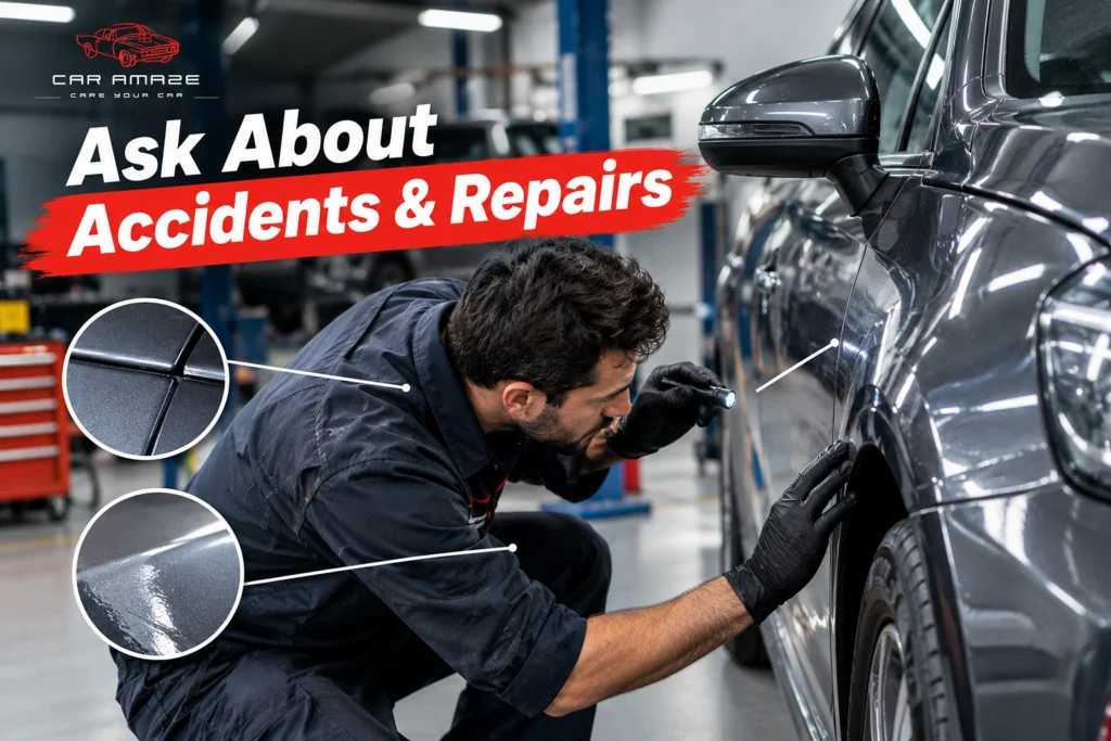 Questions to ask about used car accidents, body repairs, replaced panels, and damage history